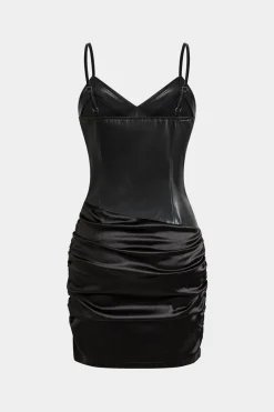 MICAS Mini Dresses-Satin Faux Leather Patchwork Ruched Slip Mini Dress BLACK