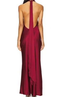 MICAS Maxi Dresses-Satin Halter Neck Backless Sleeveless Maxi Dress RED