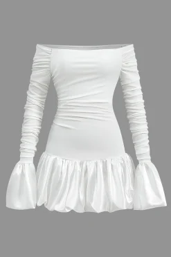 MICAS Long Sleeve Dresses|Mini Dresses-Satin Off Shoulder Puff Sleeve Patchwork Ruched Mini Dress WHITE