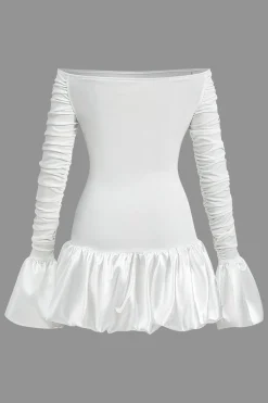 MICAS Long Sleeve Dresses|Mini Dresses-Satin Off Shoulder Puff Sleeve Patchwork Ruched Mini Dress WHITE