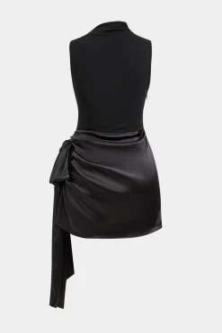 MICAS Mini Dresses-Satin Patchwork Asymmetrical Sleeveless Mini Dress BLACK