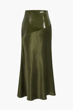 MICAS Skirts-Satin Patchwork Faux Leather Asymmetrical Skirt