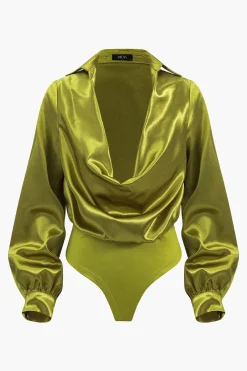 MICAS Bodysuits-Satin Patchwork Long Sleeve Bodysuit LIME