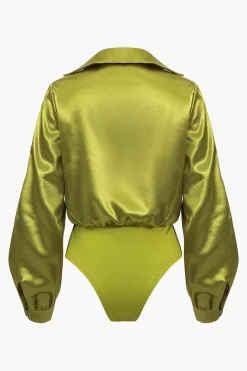 MICAS Bodysuits-Satin Patchwork Long Sleeve Bodysuit LIME