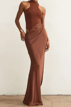 MICAS Maxi Dresses-Satin Patchwork Sleeveless Maxi Dress