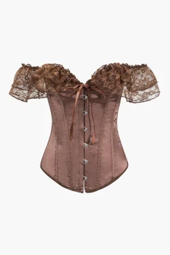 MICAS Tank Tops & Cami-Satin Tie Back Lace Patchwok Cami Top BROWN