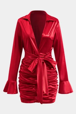 MICAS Long Sleeve Dresses|Mini Dresses-Satin Tie-Up Ruched Long Sleeve Mini Dress RED