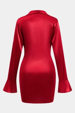 MICAS Long Sleeve Dresses|Mini Dresses-Satin Tie-Up Ruched Long Sleeve Mini Dress RED