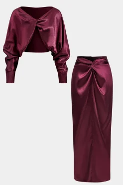MICAS Skirt Sets-Satin Twist Knot Long Sleeve Top And Skirt Set BURGUNDY