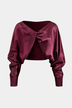 MICAS Skirt Sets-Satin Twist Knot Long Sleeve Top And Skirt Set BURGUNDY