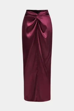 MICAS Skirt Sets-Satin Twist Knot Long Sleeve Top And Skirt Set BURGUNDY