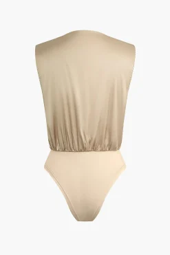MICAS Bodysuits-Satin V-neck Ruched Panelled Sleeveless Bodysuit WHEAT