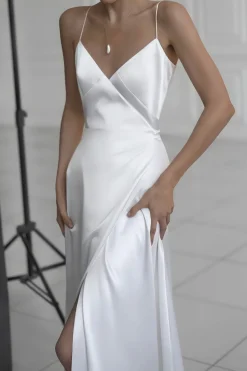 MICAS Maxi Dresses-Satin V-Neck Sleeveless Slip Maxi Dress WHITE