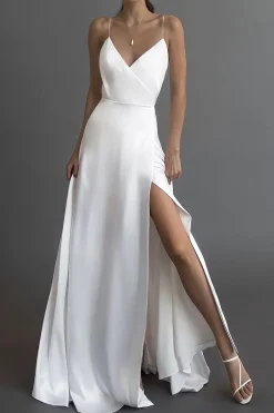 MICAS Maxi Dresses-Satin V-Neck Sleeveless Slip Maxi Dress WHITE