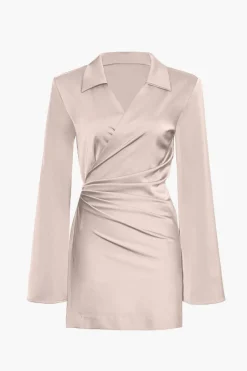 MICAS Long Sleeve Dresses|Mini Dresses-Satin Wrapped Shirt Dress NAVY