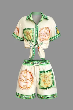 MICAS Vacation Sets|Short Sets-Scarf Print Tie-Front Shirt And Drawstring Shorts Set WHITE
