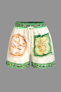 MICAS Vacation Sets|Short Sets-Scarf Print Tie-Front Shirt And Drawstring Shorts Set WHITE