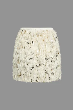 MICAS Skirts-Sequin Feather Fringe Skirt BEIGE