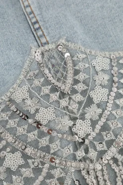 MICAS Skirts-Sequin Fringe Hem Denim Skirt LIGHT WASH BLUE