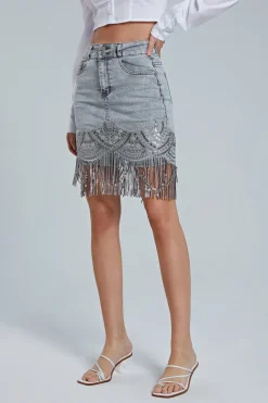 MICAS Skirts-Sequin Fringe Hem Denim Skirt LIGHT WASH BLUE