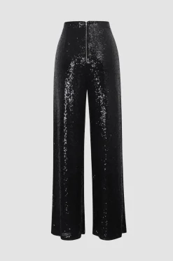 MICAS Pants-Sequin High Waisted Wide Leg Trousers BLACK