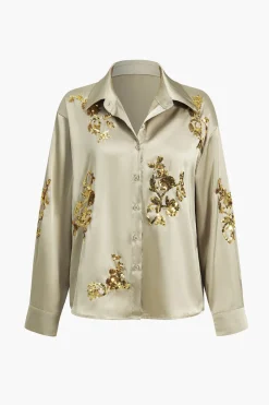 MICAS Long Sleeve Tops|Long Sleeves Tops-Sequin Slit Long-Sleeve Shirt KHAKI