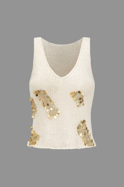 MICAS Knit Tops-Sequin Sweater Cut Out Tank Top WHITE