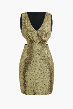 MICAS Mini Dresses-Sequin V-neck Sleeveless Cut Out Mini Dress GOLD
