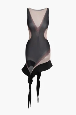 MICAS Mini Dresses-Sheer Abstract Mesh Asymmetric Mini Dress BLACK