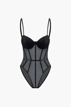 MICAS Bodysuits|Corset & Bustier Tops-Sheer Bustier Corset Bodysuit BLACK