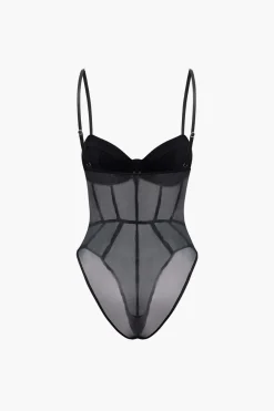 MICAS Bodysuits|Corset & Bustier Tops-Sheer Bustier Corset Bodysuit BLACK