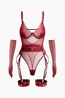 MICAS Lingerie & Sleepwear-Sheer Mesh Belted Backless Bodysuit With Glove BURGUNDY