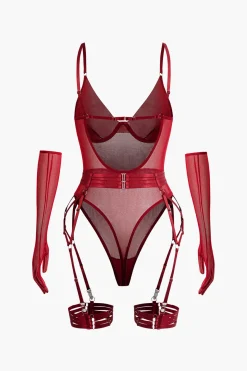 MICAS Lingerie & Sleepwear-Sheer Mesh Belted Backless Bodysuit With Glove BURGUNDY