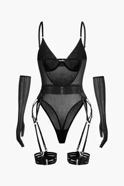 MICAS Lingerie & Sleepwear-Sheer Mesh Belted Backless Bodysuit With Glove BURGUNDY