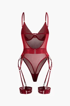 MICAS Lingerie & Sleepwear-Sheer Mesh Belted Backless Bodysuit With Glove BURGUNDY