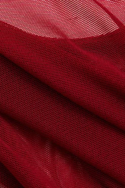 MICAS Lingerie & Sleepwear-Sheer Mesh Belted Backless Bodysuit With Glove BURGUNDY