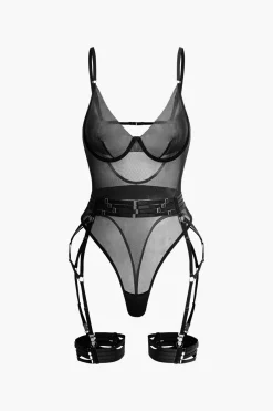 MICAS Lingerie & Sleepwear-Sheer Mesh Belted Backless Bodysuit With Glove BURGUNDY