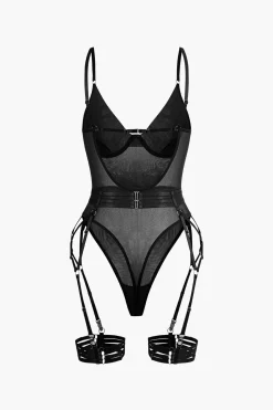 MICAS Lingerie & Sleepwear-Sheer Mesh Belted Backless Bodysuit With Glove BURGUNDY