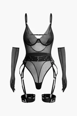 MICAS Lingerie & Sleepwear-Sheer Mesh Belted Backless Bodysuit With Glove BURGUNDY