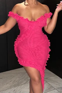 MICAS Mini Dresses-Sheer Mesh Ruffle Trim Asymmetrical Cross Backless Mini Dress