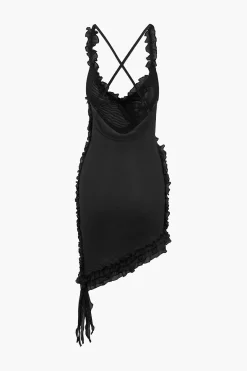 MICAS Mini Dresses-Sheer Mesh Ruffle Trim Asymmetrical Cross Backless Mini Dress