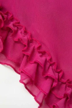 MICAS Mini Dresses-Sheer Mesh Ruffle Trim Asymmetrical Cross Backless Mini Dress