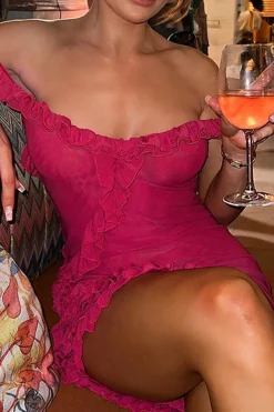 MICAS Mini Dresses-Sheer Mesh Ruffle Trim Asymmetrical Cross Backless Mini Dress