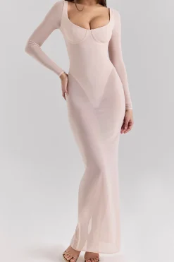 MICAS Long Sleeve Dresses|Maxi Dresses-Sheer Mesh Square Neck Long Sleeve Maxi Dress PINK