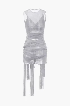 MICAS Midi Dresses-Sheer Mesh Wrap Tie Ribbon Mini Dress