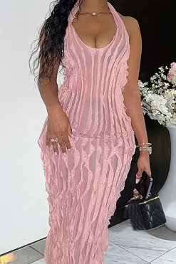 MICAS Maxi Dresses-Sheer Ruffle Texture Halter Backless Maxi Dress