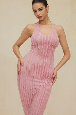 MICAS Maxi Dresses-Sheer Ruffle Texture Halter Backless Maxi Dress