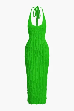 MICAS Maxi Dresses-Sheer Ruffle Texture Halter Backless Maxi Dress