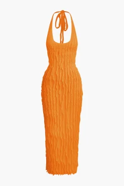 MICAS Maxi Dresses-Sheer Ruffle Texture Halter Backless Maxi Dress