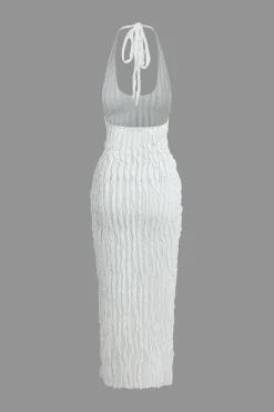 MICAS Maxi Dresses-Sheer Ruffle Texture Halter Backless Maxi Dress